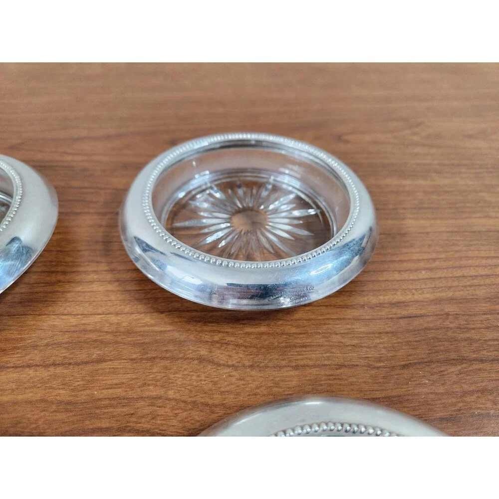 Vintage Set 6 Frank M. Whiting & Co Sterling Silver Glass Coasters #05 Starburst